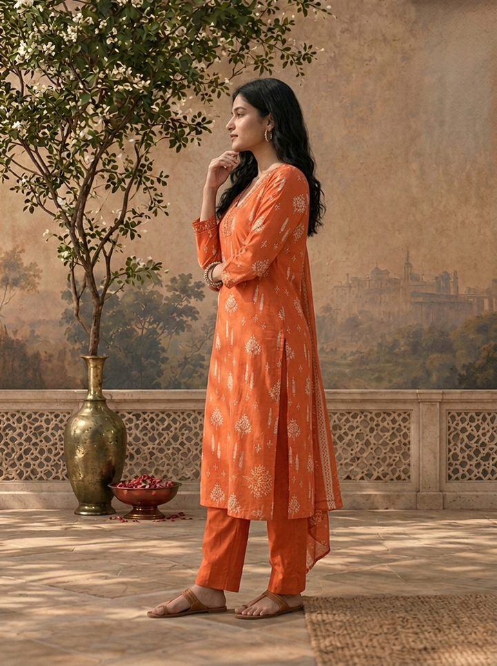 Burnt Orange Cotton Mughal Buti Printed Three Piece Set