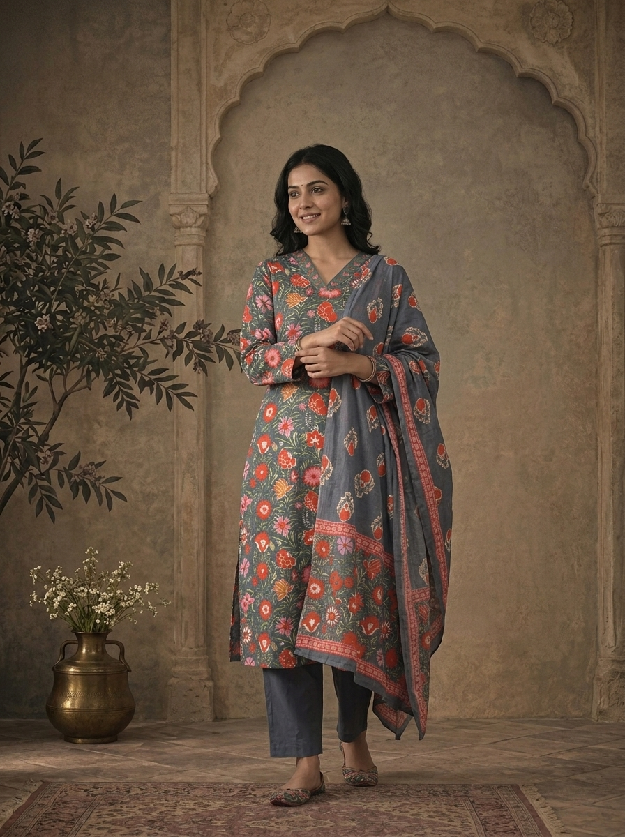 Grey Cotton Dense Mughal Floral Vine Printed Three Piece Set