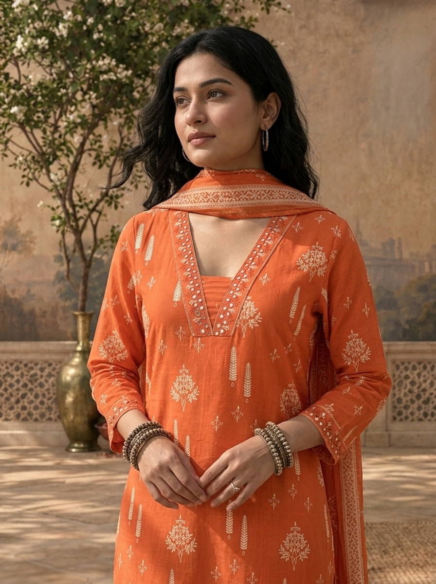 Burnt Orange Cotton Mughal Buti Printed Three Piece Set
