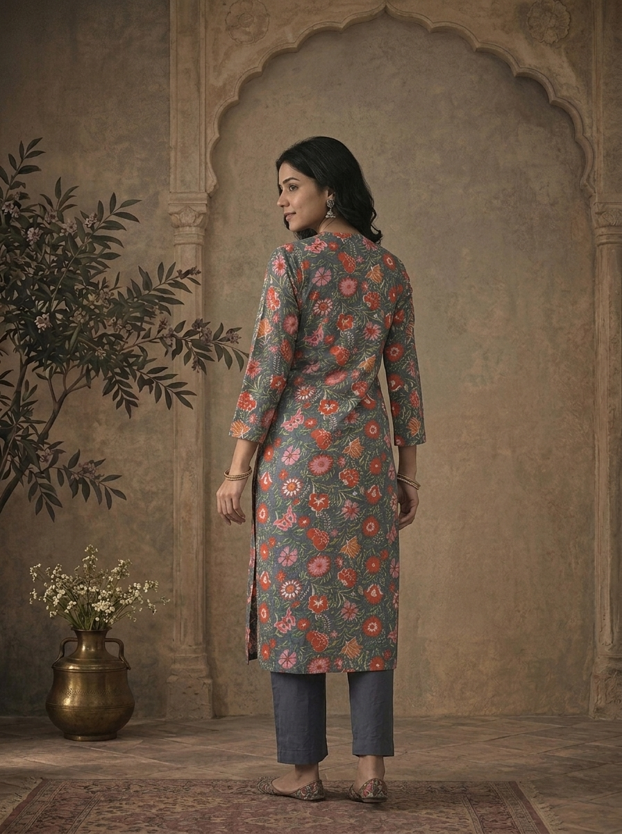 Grey Cotton Dense Mughal Floral Vine Printed Three Piece Set