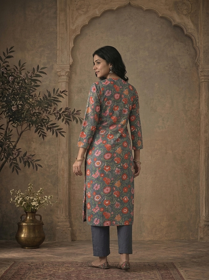 Grey Cotton Dense Mughal Floral Vine Printed Three Piece Set