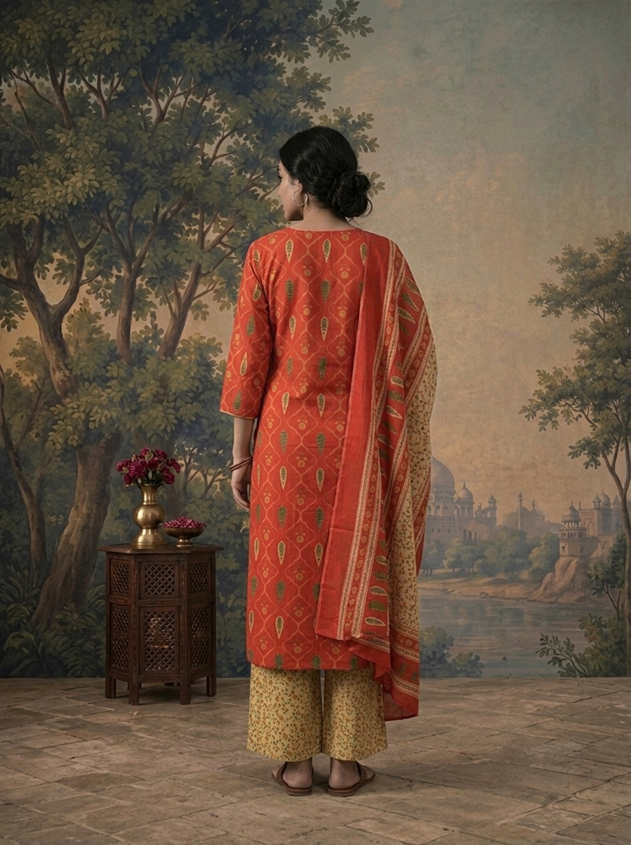 Rust Cotton Jali Fern Mughal Buti Printed Three Piece Set