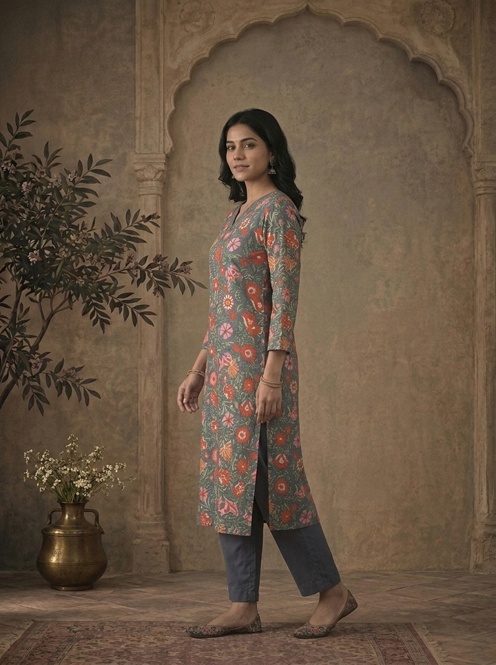 Grey Cotton Dense Mughal Floral Vine Printed Three Piece Set