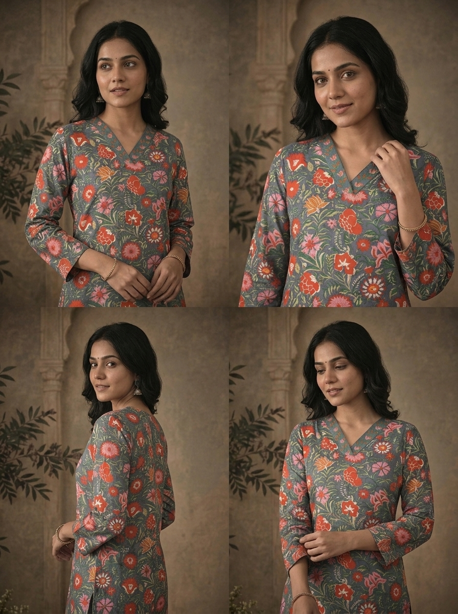 Grey Cotton Dense Mughal Floral Vine Printed Three Piece Set