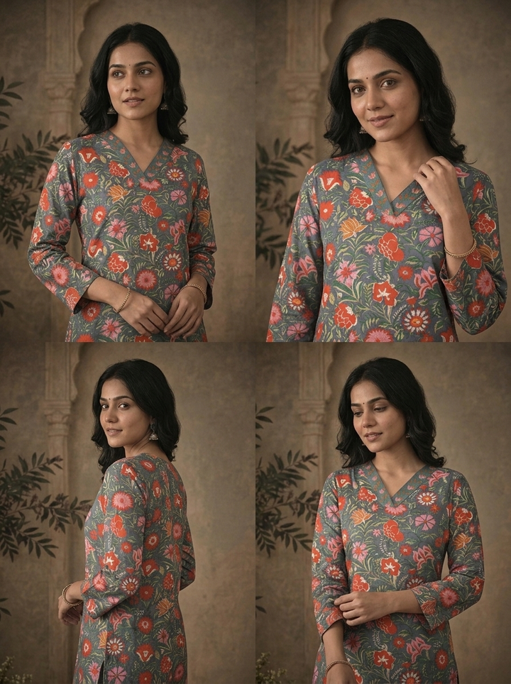 Grey Cotton Dense Mughal Floral Vine Printed Three Piece Set