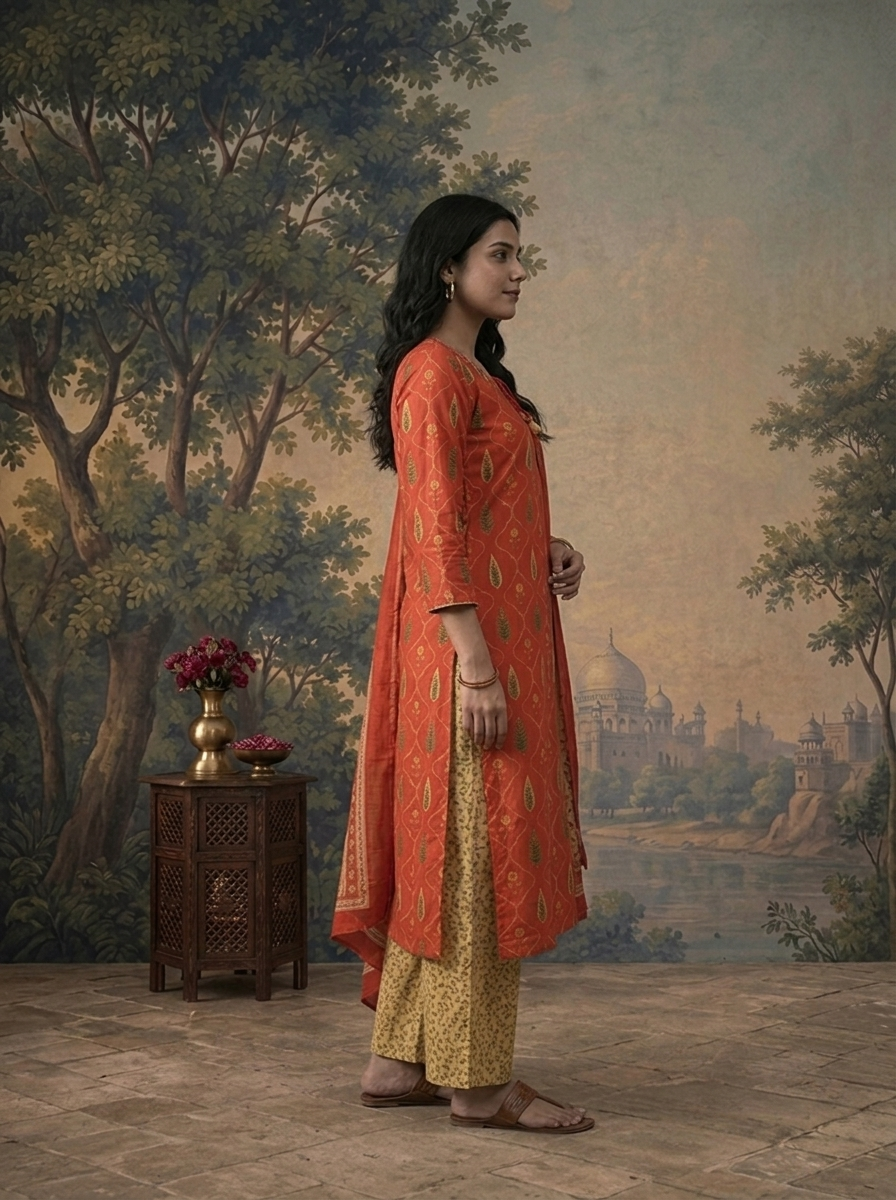 Rust Cotton Jali Fern Mughal Buti Printed Three Piece Set