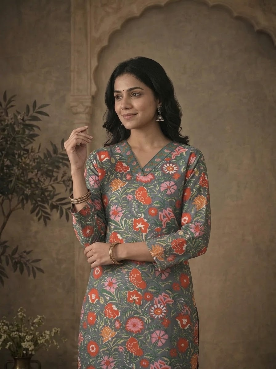 Grey Cotton Dense Mughal Floral Vine Printed Three Piece Set