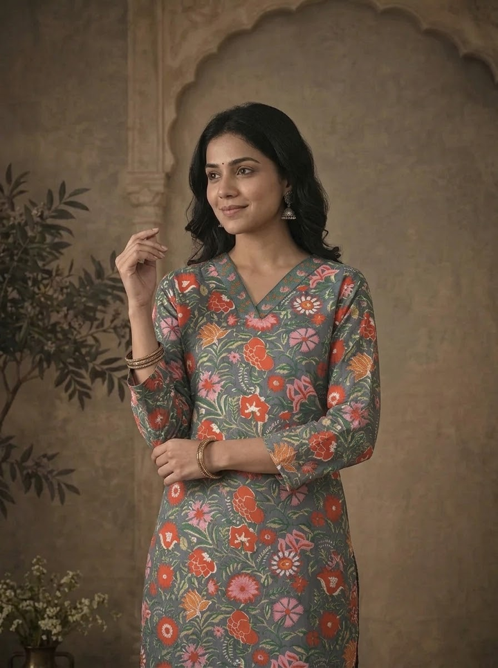 Grey Cotton Dense Mughal Floral Vine Printed Three Piece Set