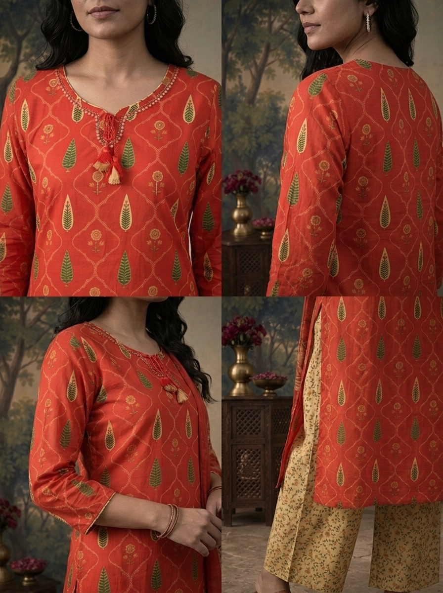 Rust Cotton Jali Fern Mughal Buti Printed Three Piece Set