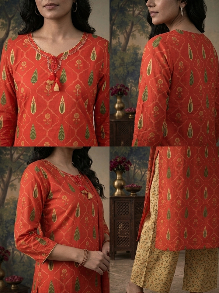 Rust Cotton Jali Fern Mughal Buti Printed Three Piece Set