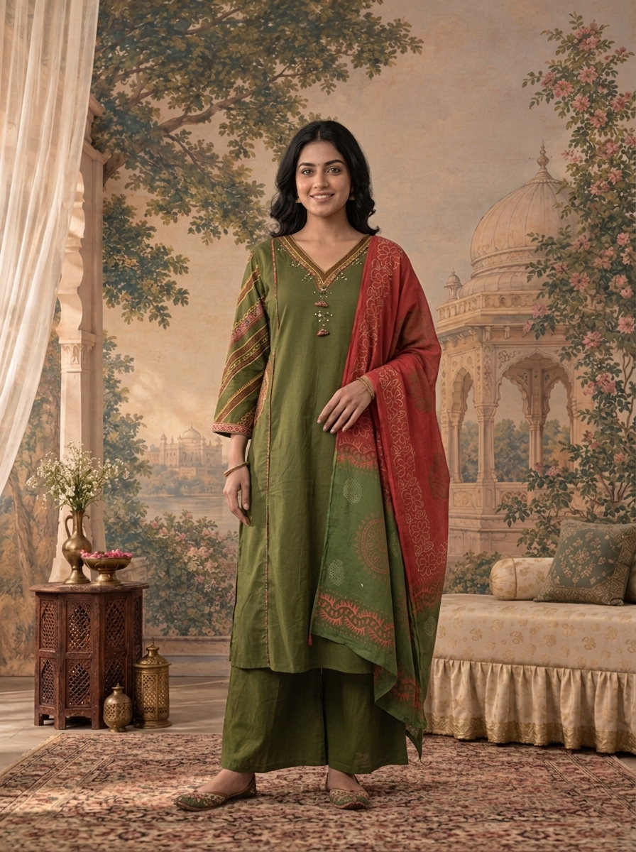 Olive Cotton Batik Mandala Printed Three Piece Set