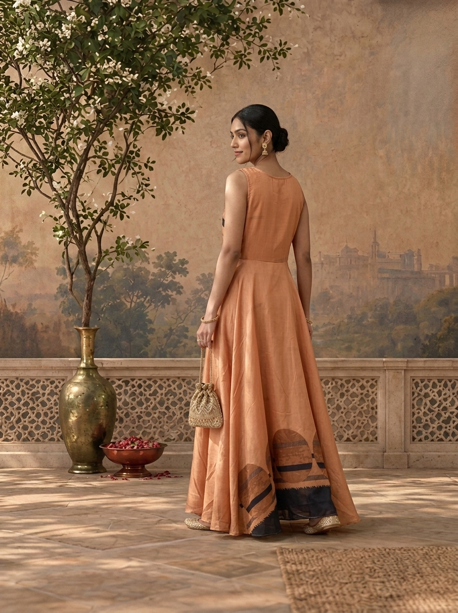 Gold Silk Geometric Abstract Circle Printed Long Dress