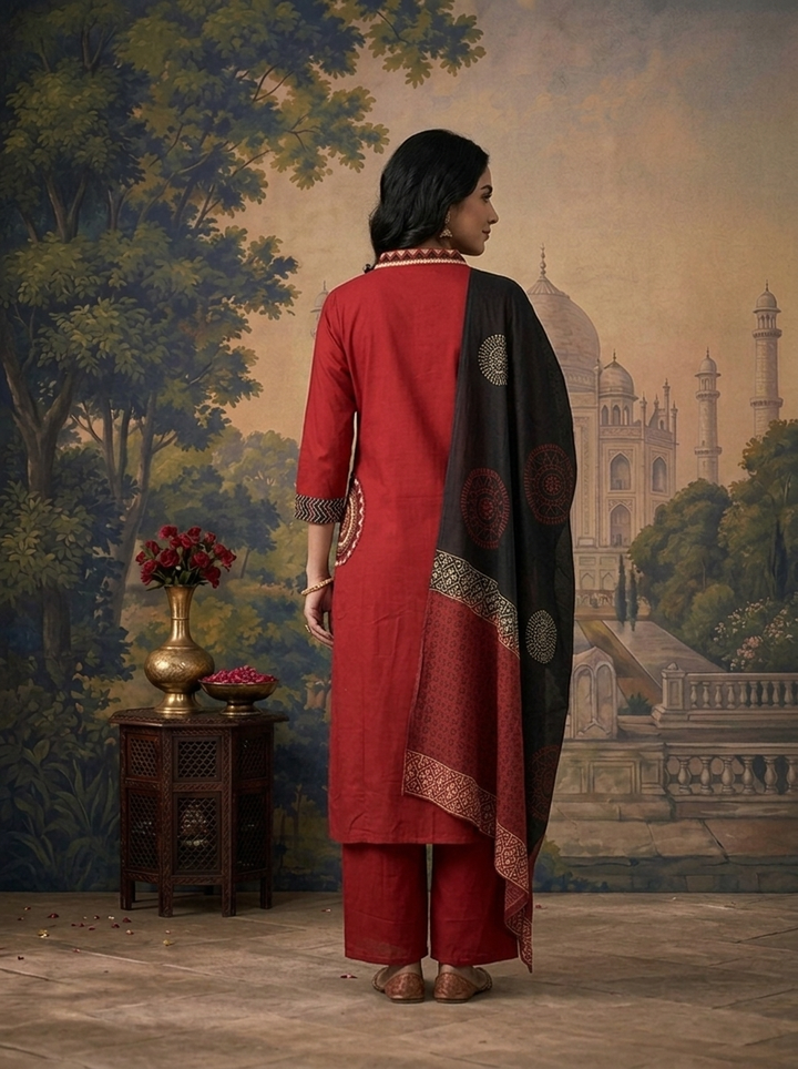 Maroon Cotton Solid With Mandala Embroidered Three Piece Set