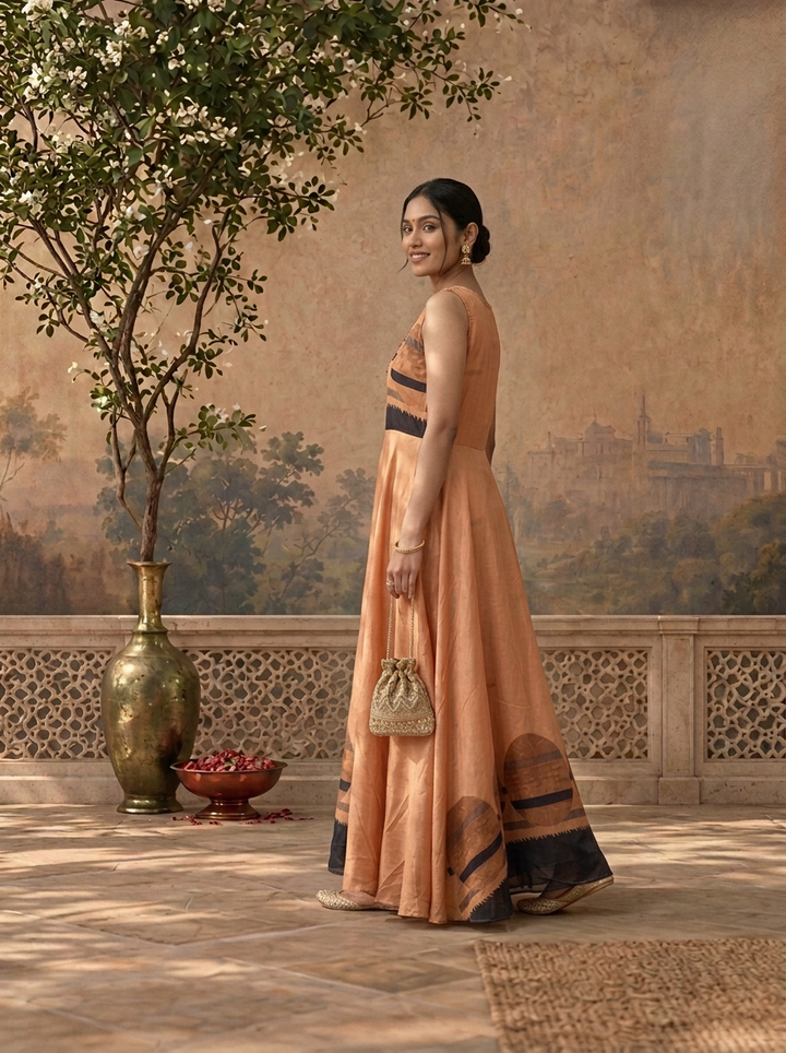 Gold Silk Geometric Abstract Circle Printed Long Dress