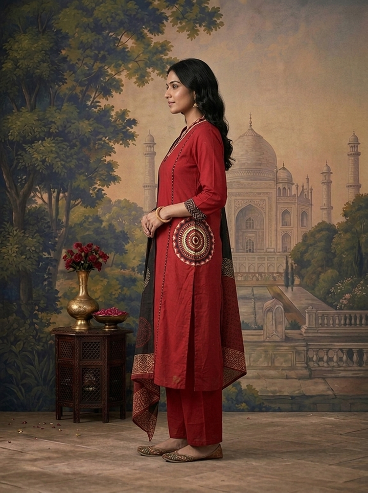 Maroon Cotton Solid With Mandala Embroidered Three Piece Set