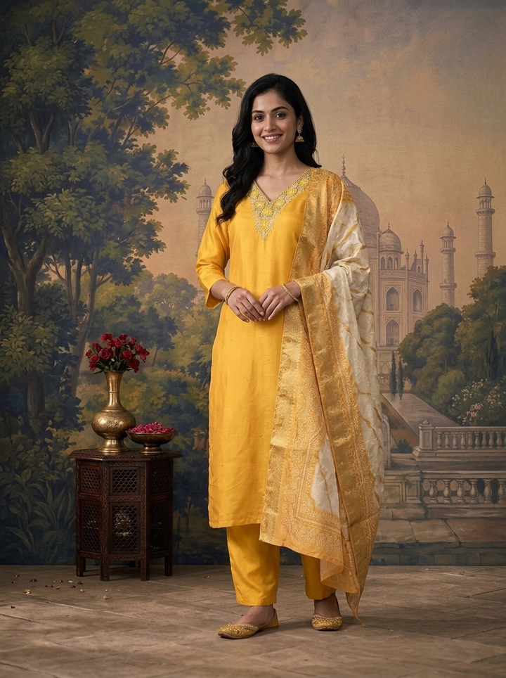 Mustard Muslin Solid With Embroidered Three Piece Set