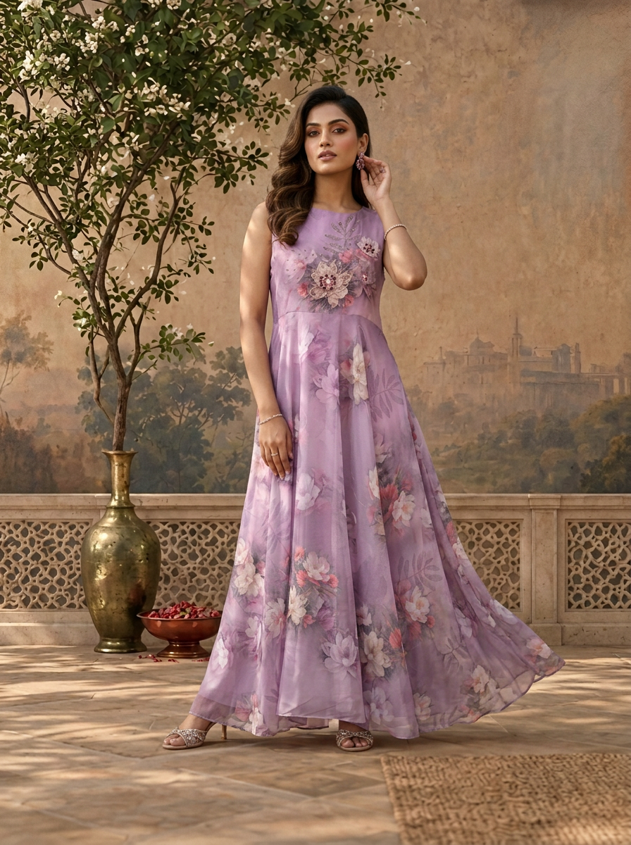 Lilac Chinon Watercolor Floral Printed Dress