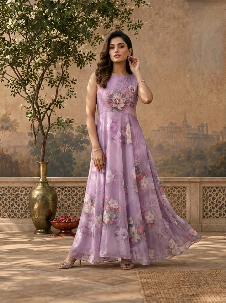 Lilac Chinon Watercolor Floral Printed Dress