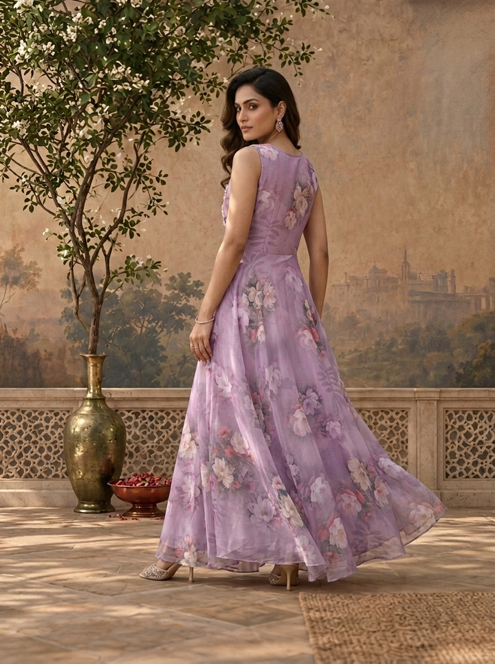 Lilac Chinon Watercolor Floral Printed Dress