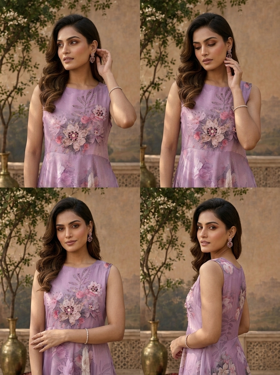 Lilac Chinon Watercolor Floral Printed Dress