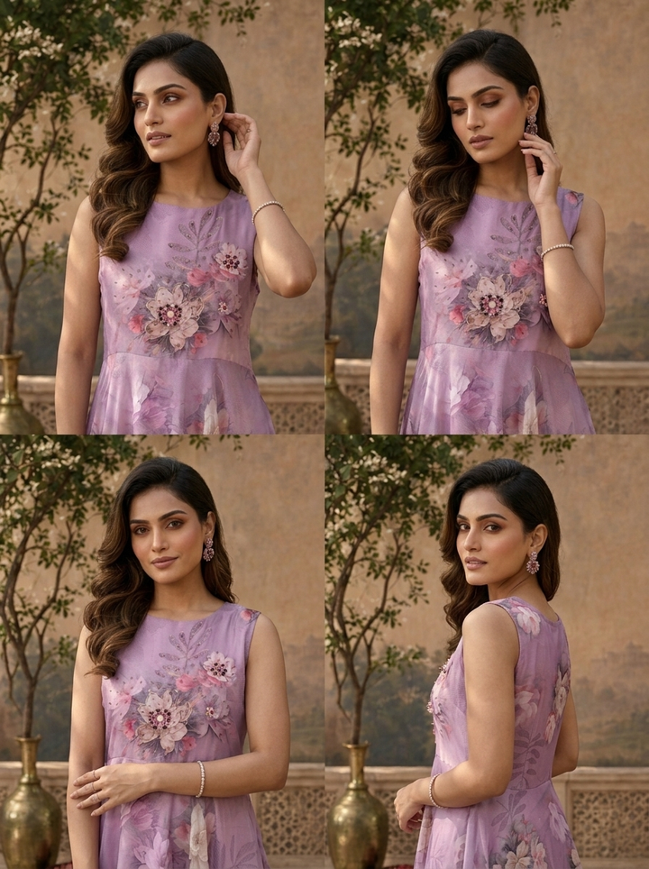 Lilac Chinon Watercolor Floral Printed Dress