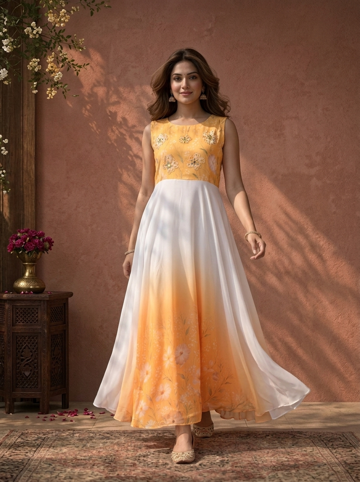 Yellow Chinon Ombre Gradient Small Floral Daisy Printed Dress