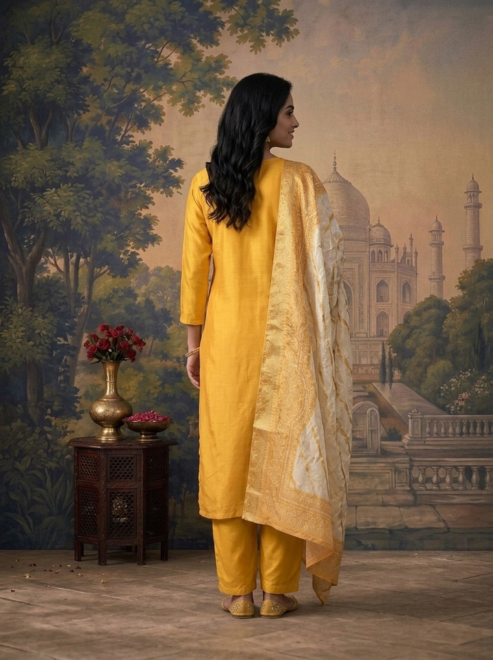 Mustard Muslin Solid With Embroidered Three Piece Set
