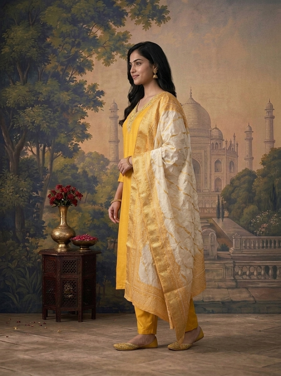 Mustard Muslin Solid With Embroidered Three Piece Set