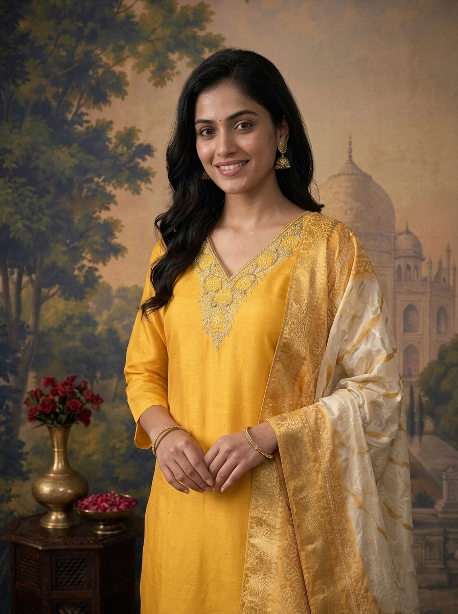 Mustard Muslin Solid With Embroidered Three Piece Set