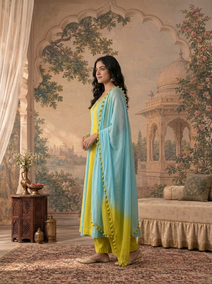 Sky Blue Chinon Vertical Stripe Mirror Embroidered Three Piece Set
