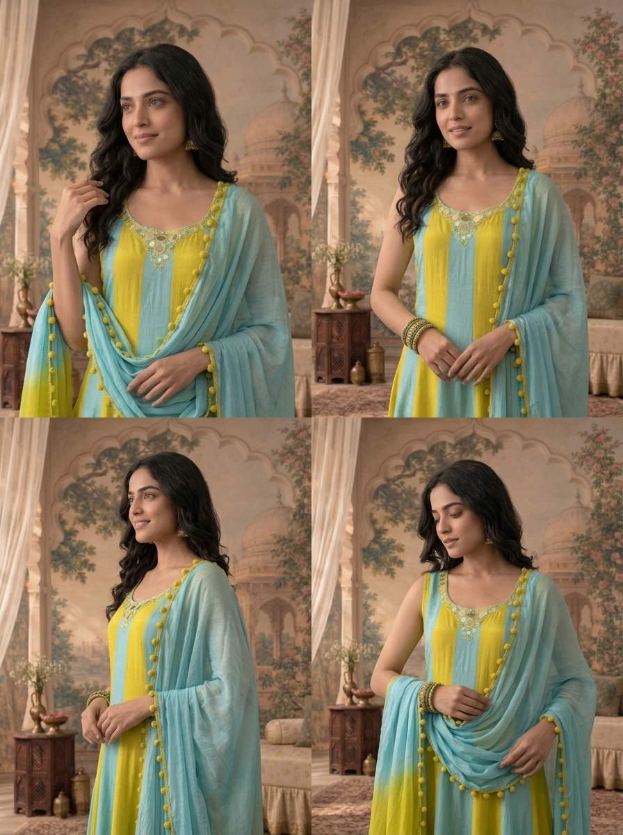Sky Blue Chinon Vertical Stripe Mirror Embroidered Three Piece Set