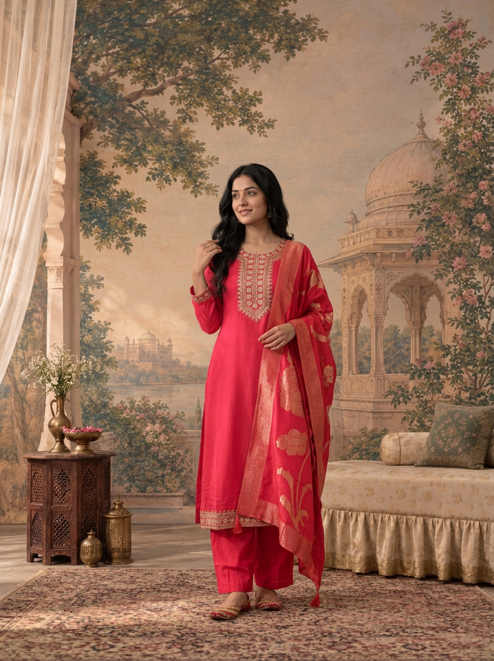 Rani Silk Solid With Stone Embroidered Three Piece Set
