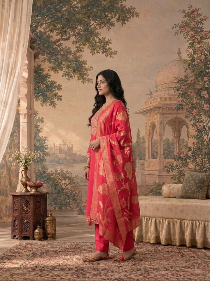 Rani Silk Solid With Stone Embroidered Three Piece Set