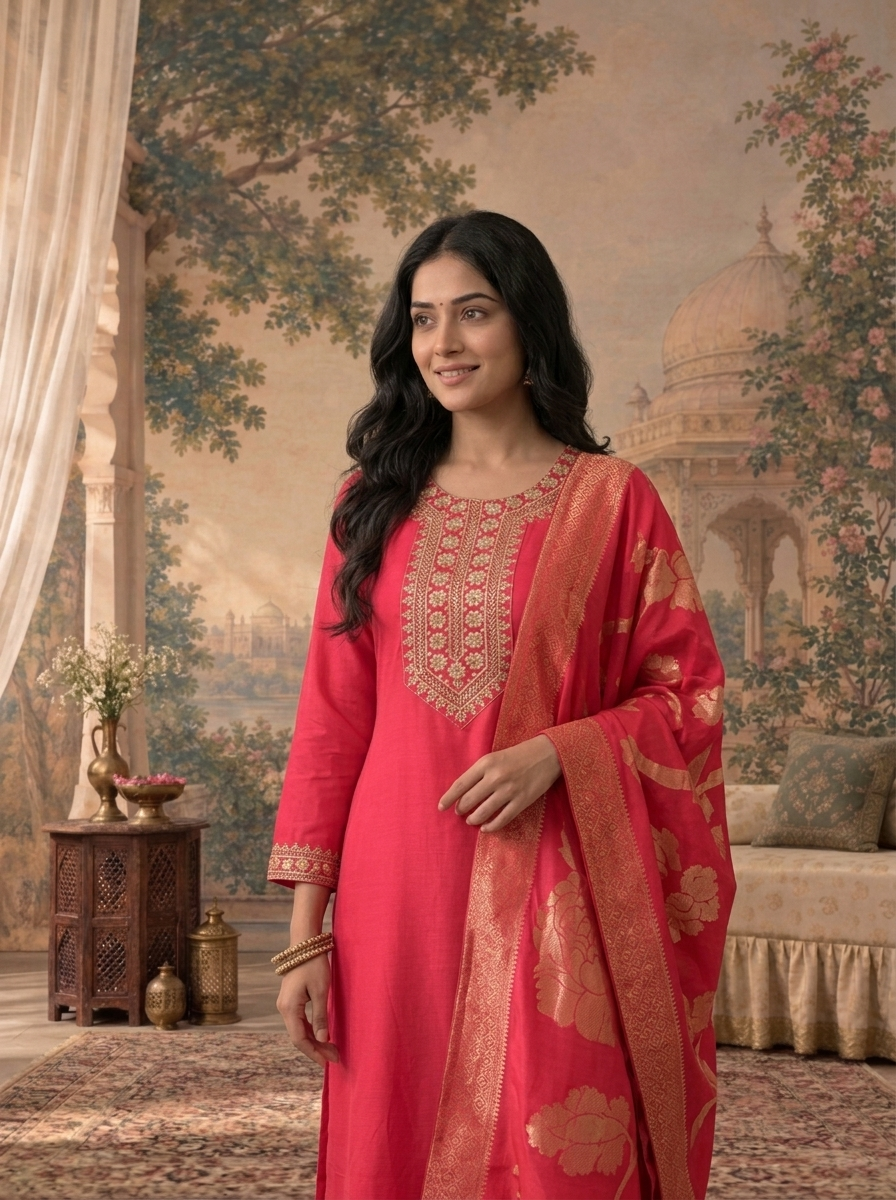 Rani Silk Solid With Stone Embroidered Three Piece Set