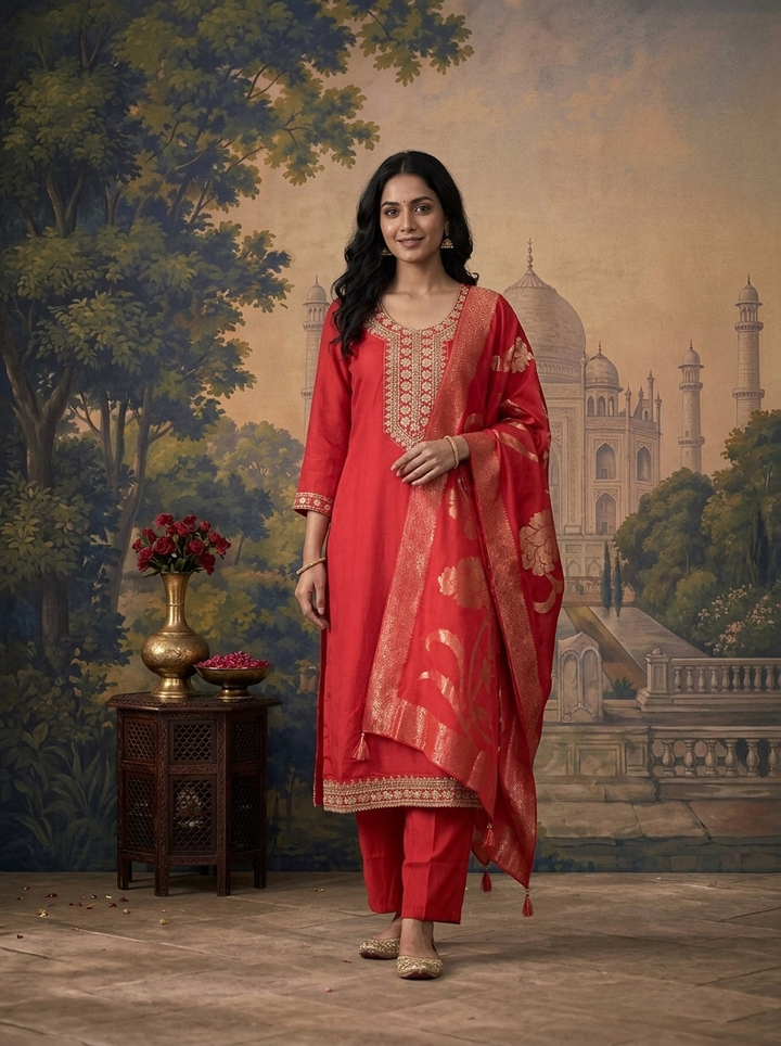 Maroon Silk Solid With Stone Embroidered Three Piece Set