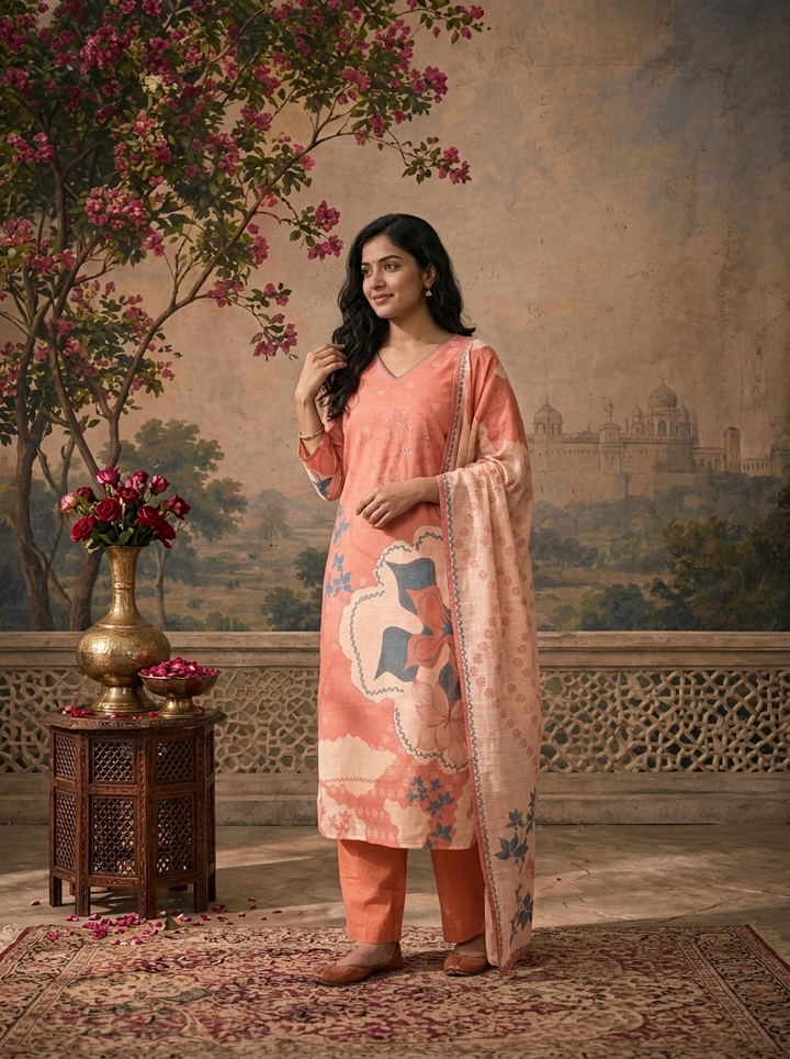 Peach Linen Floral Abstract Printed Three Piece Set