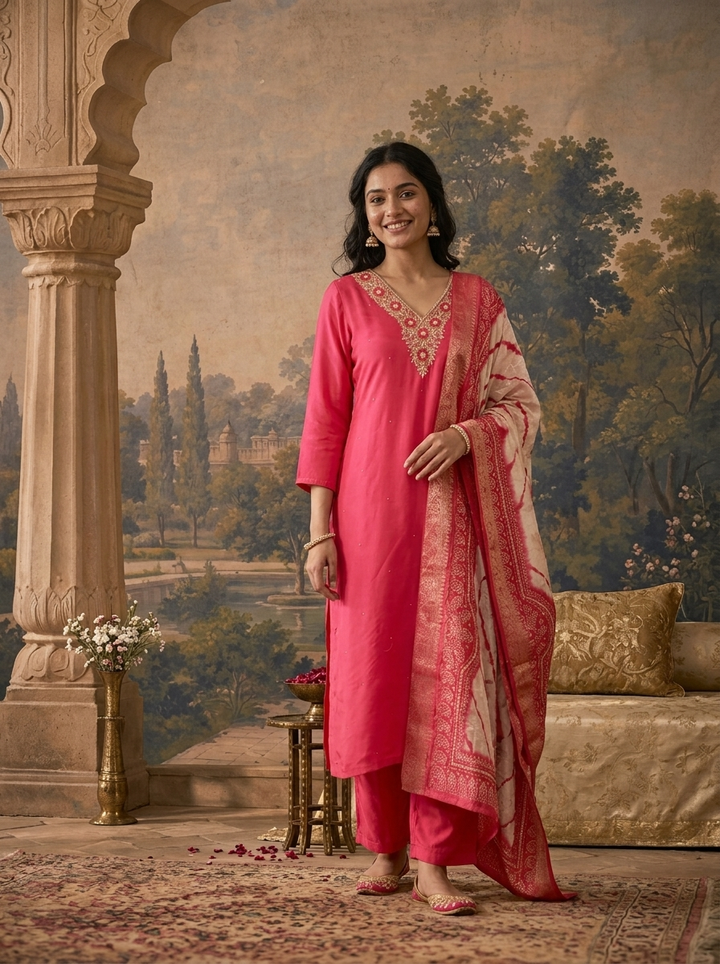 Rani Pink Muslin Solid With Embroidered Three Piece Set