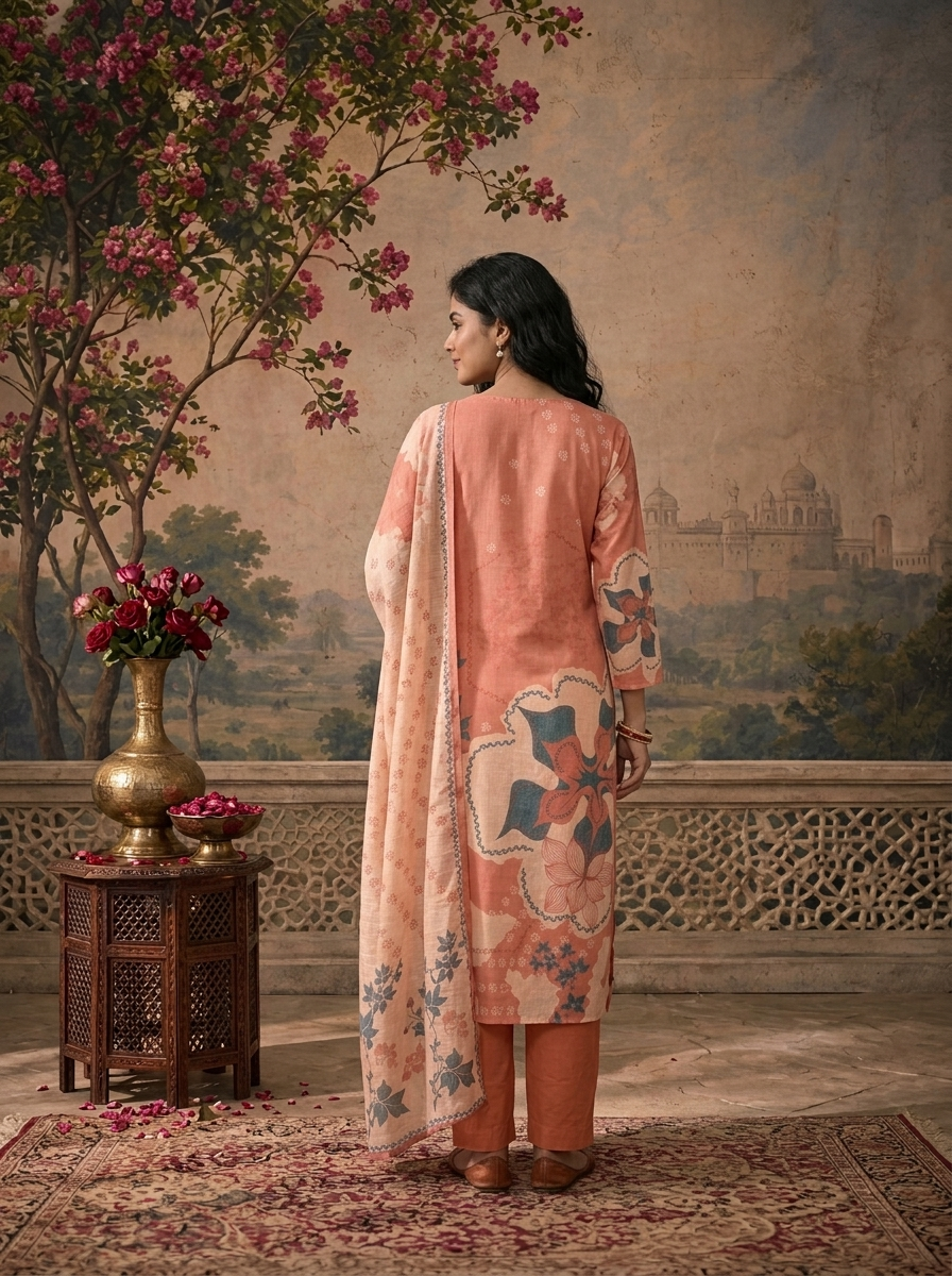 Peach Linen Floral Abstract Printed Three Piece Set