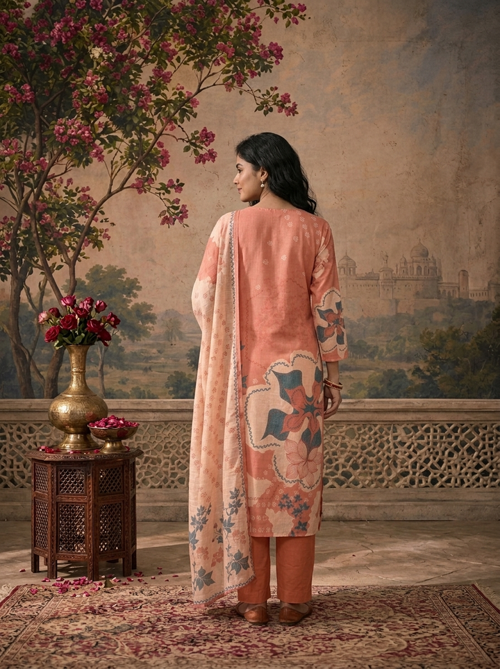 Peach Linen Floral Abstract Printed Three Piece Set