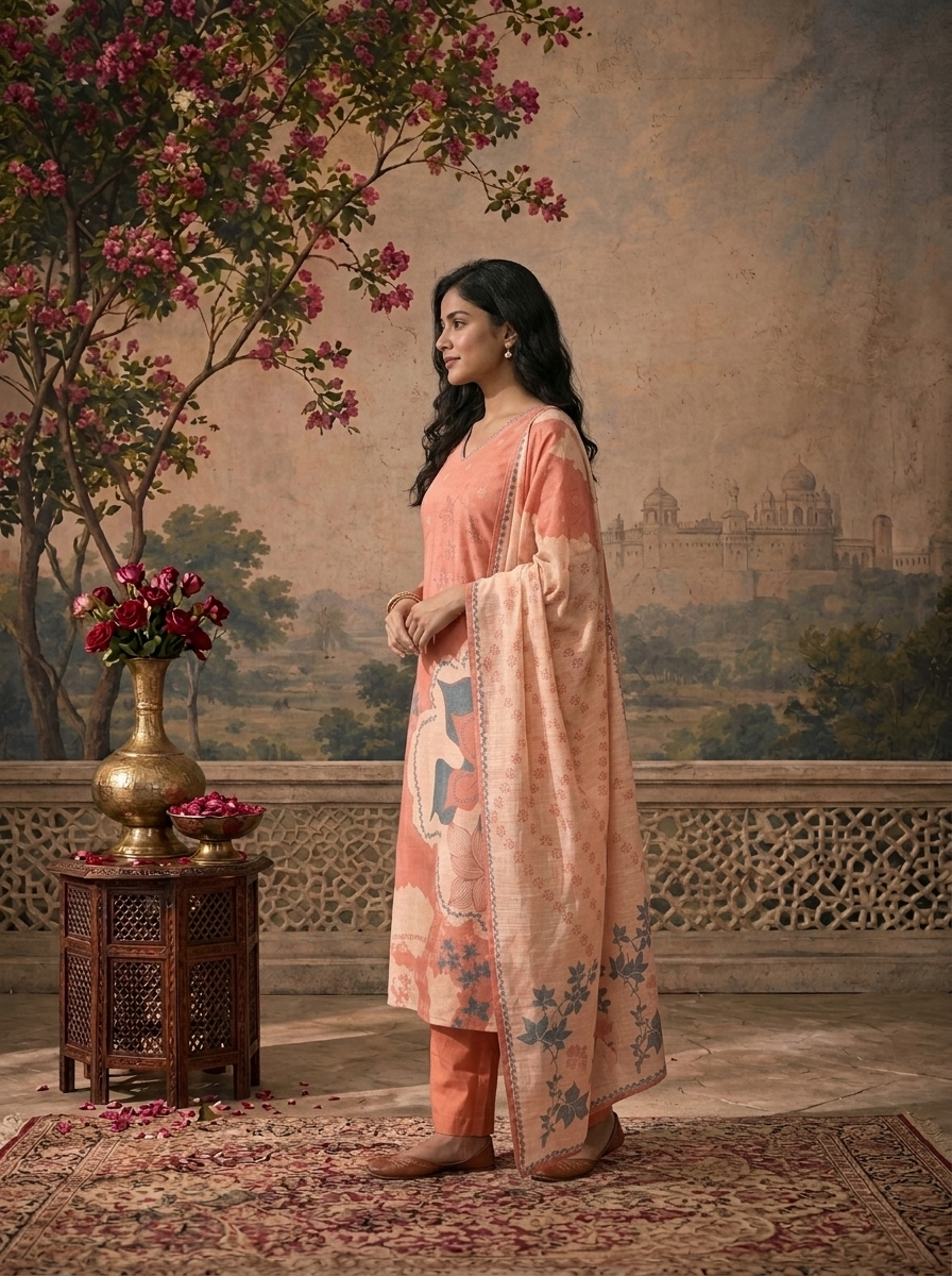 Peach Linen Floral Abstract Printed Three Piece Set