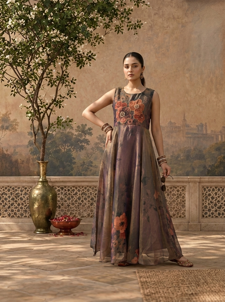 Purple Tissue Floral Printed Long Dress