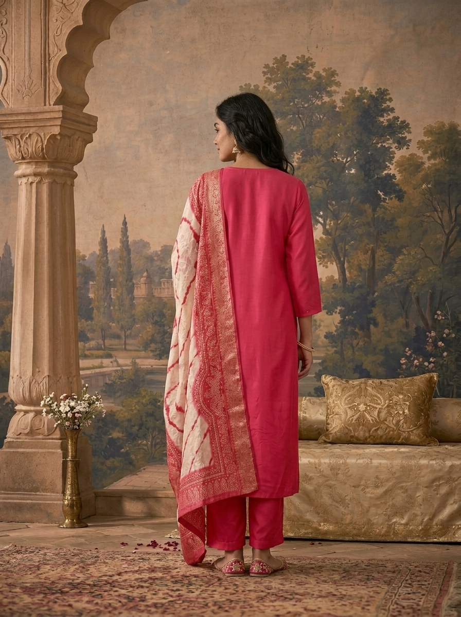 Rani Pink Muslin Solid With Embroidered Three Piece Set