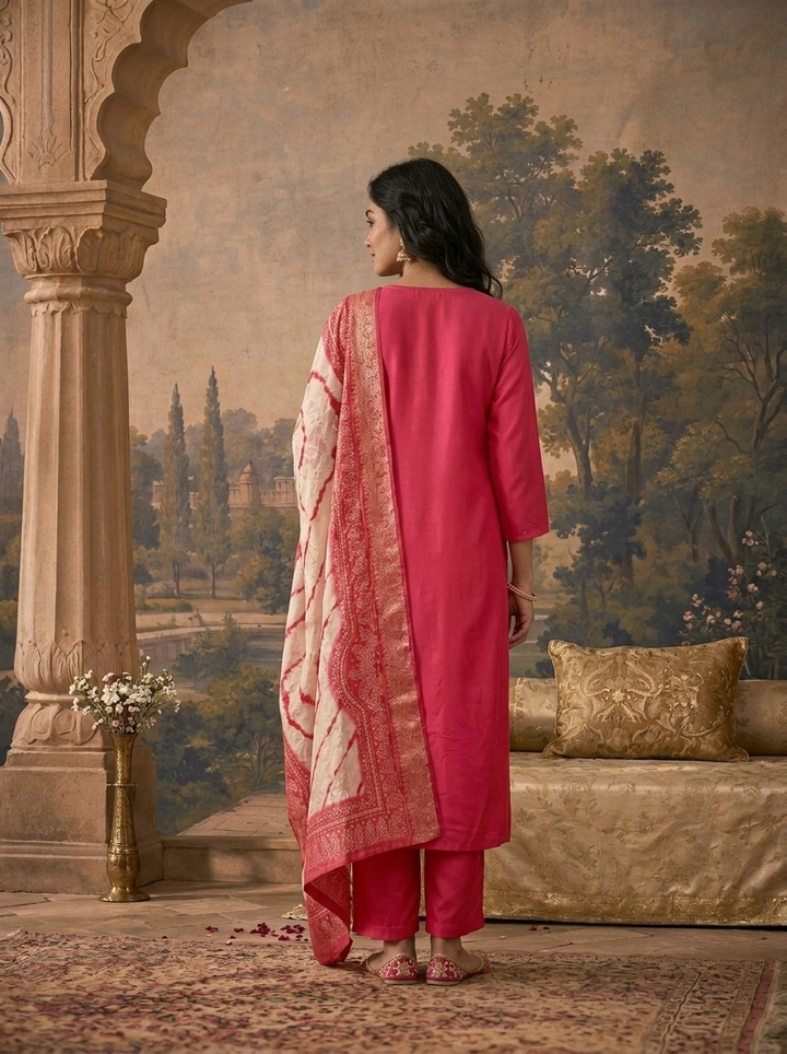 Rani Pink Muslin Solid With Embroidered Three Piece Set