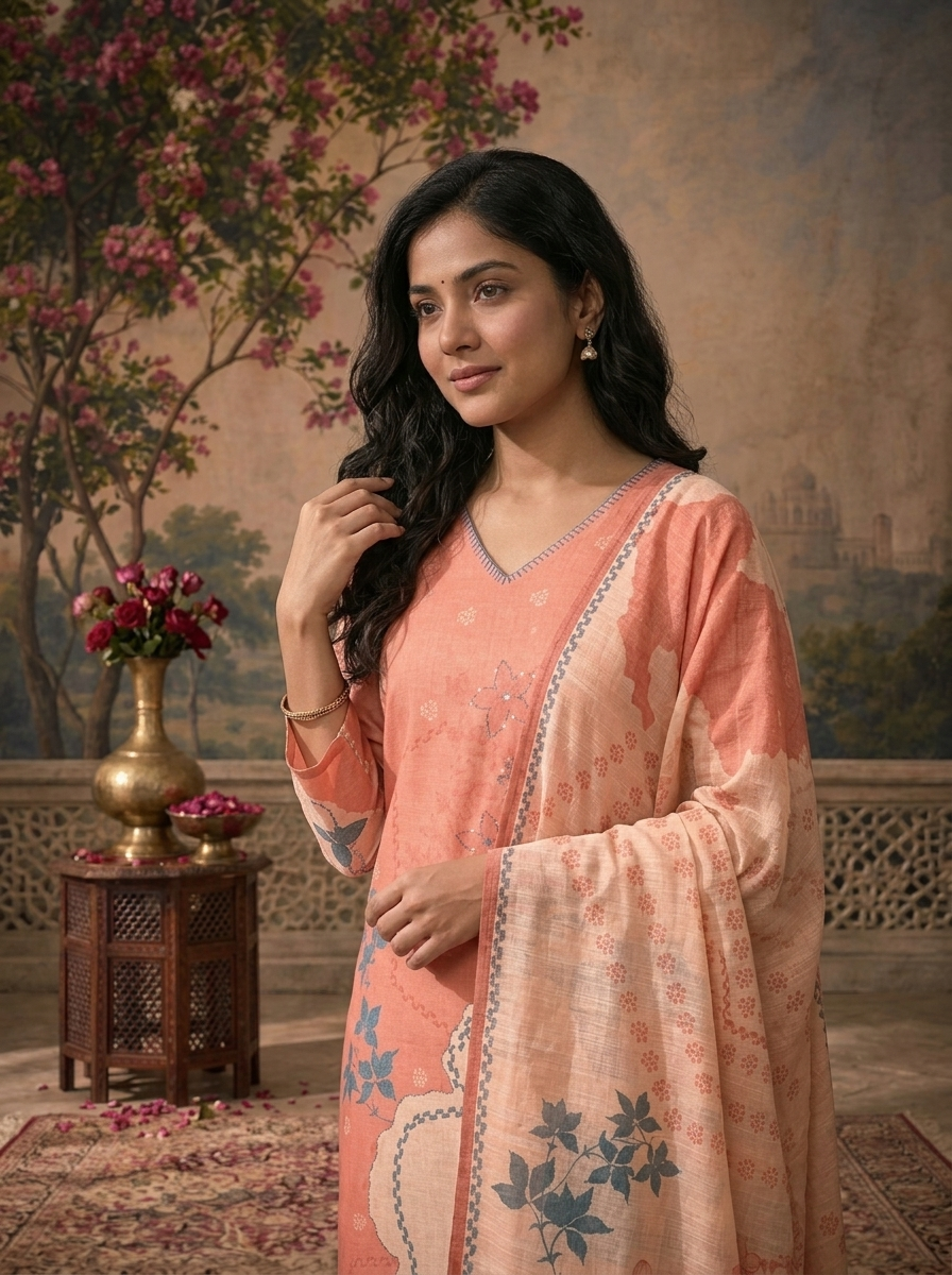 Peach Linen Floral Abstract Printed Three Piece Set