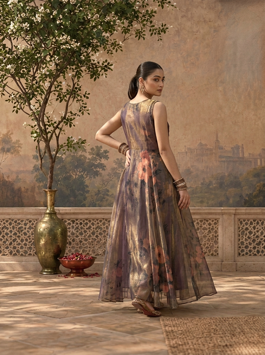 Purple Tissue Floral Printed Long Dress