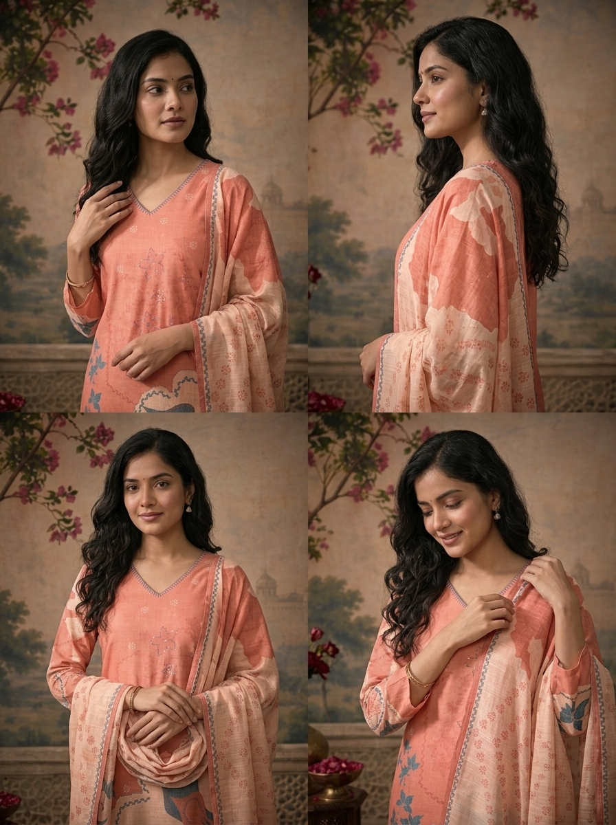 Peach Linen Floral Abstract Printed Three Piece Set