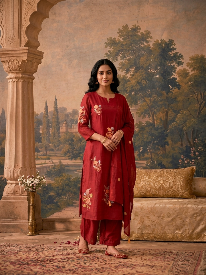 Maroon Chanderi Floral Block Thread Embroidered Three Piece Set