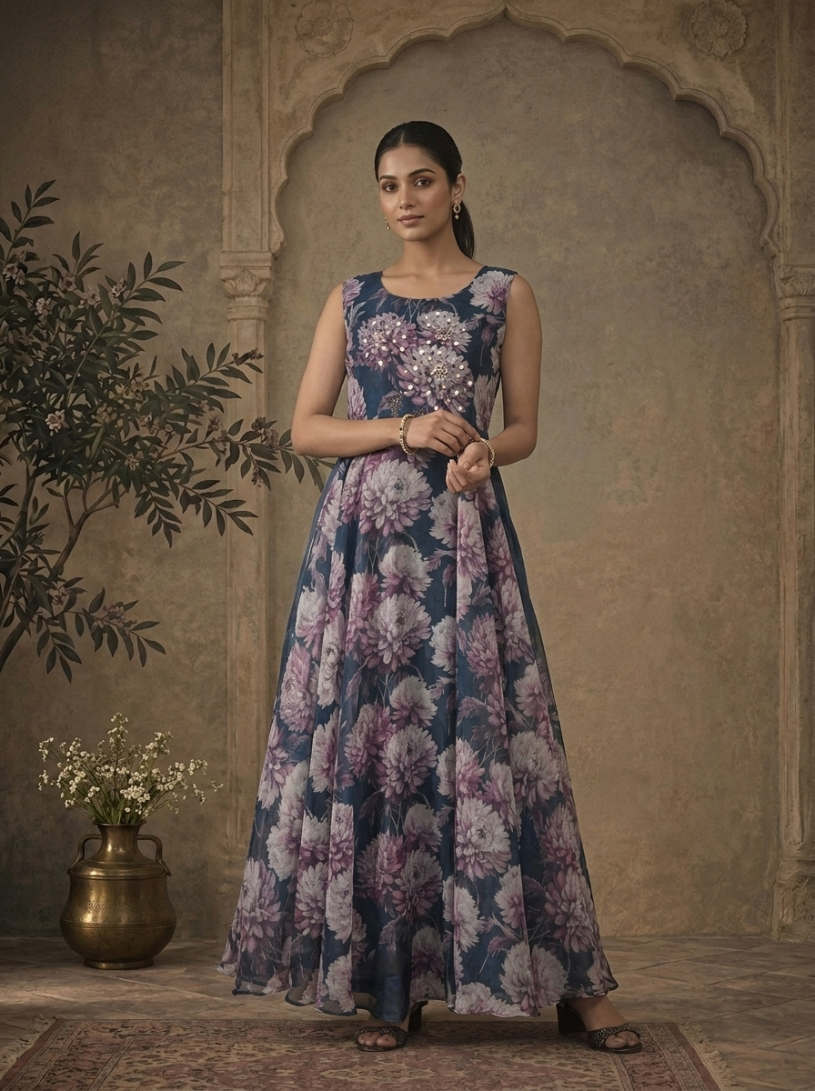 Navy Blue Chinon Dahlia Chrysanthemum Printed Dress