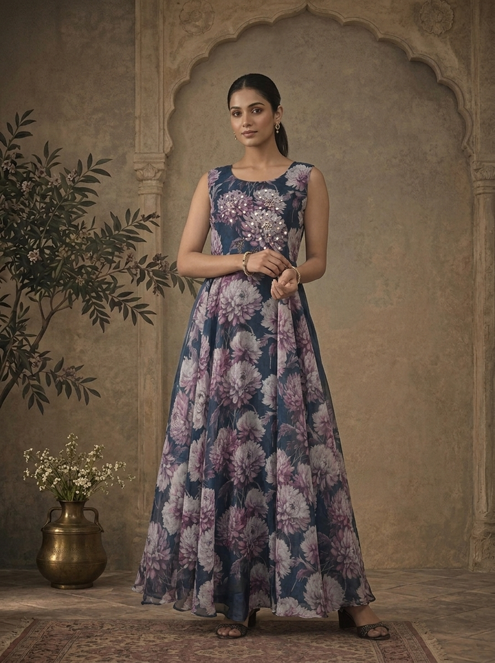 Navy Blue Chinon Dahlia Chrysanthemum Printed Dress