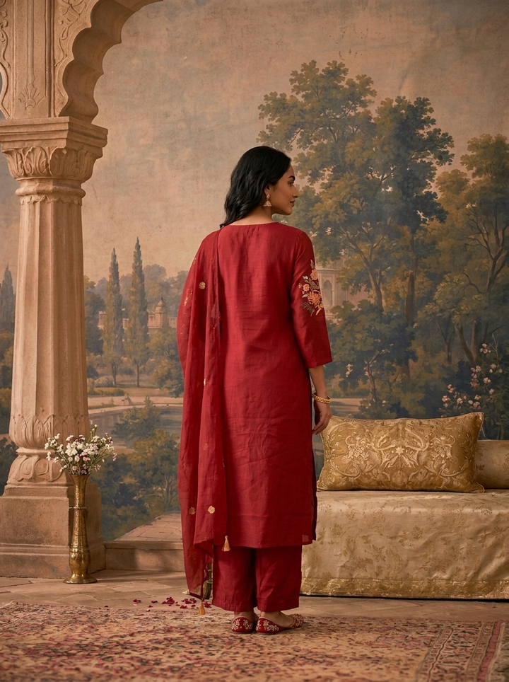 Maroon Chanderi Floral Block Thread Embroidered Three Piece Set